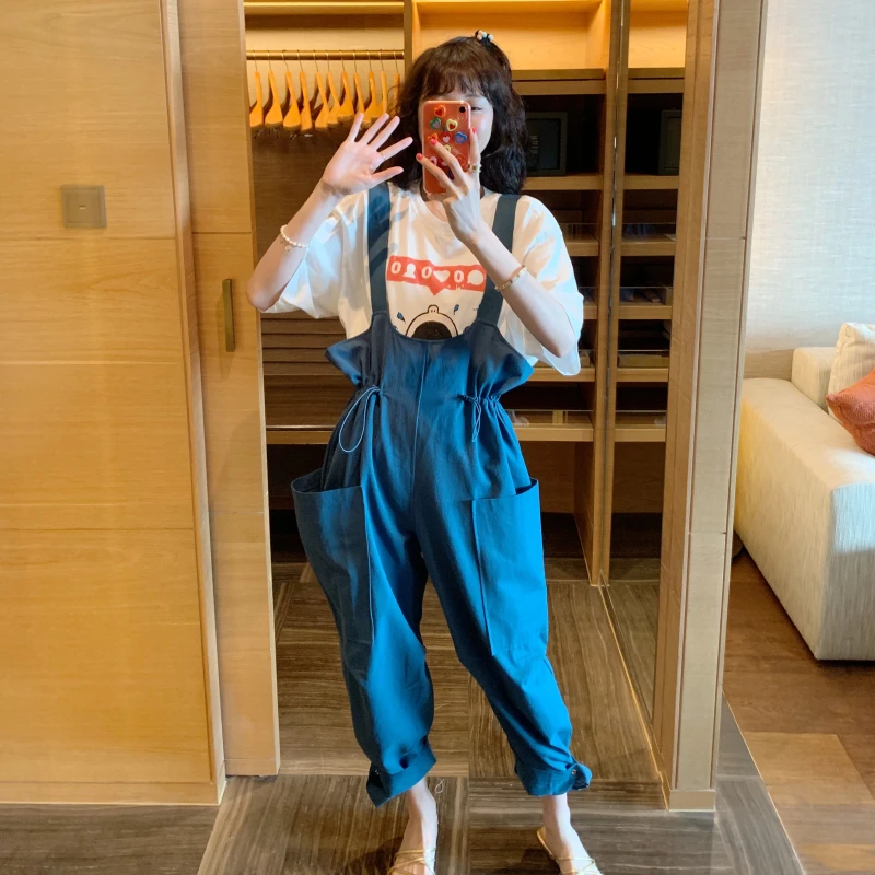 张静芝 夏季复古蓝时尚高腰抽绳宽松工装休闲连体裤女