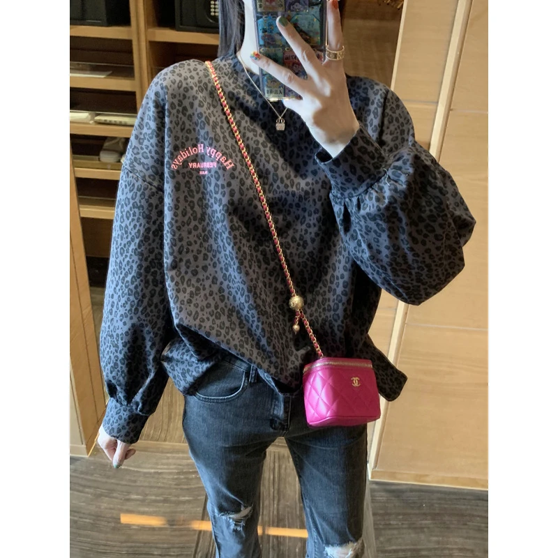 ◆张静芝 粉字母洋气时尚黑灰豹纹长袖早秋女生卫衣