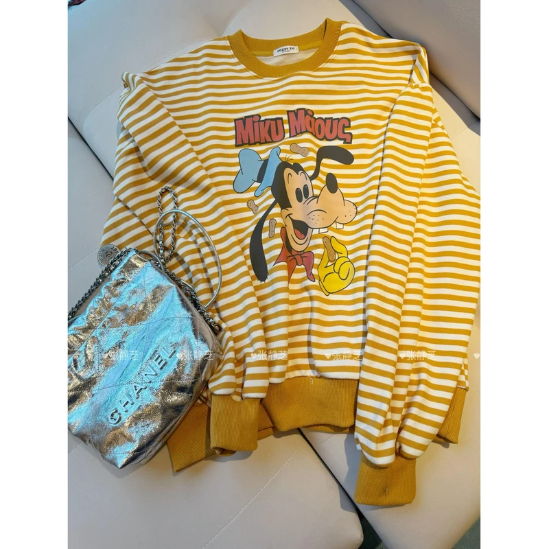 【张静芝】卡通印花黄条纹宽松卫衣