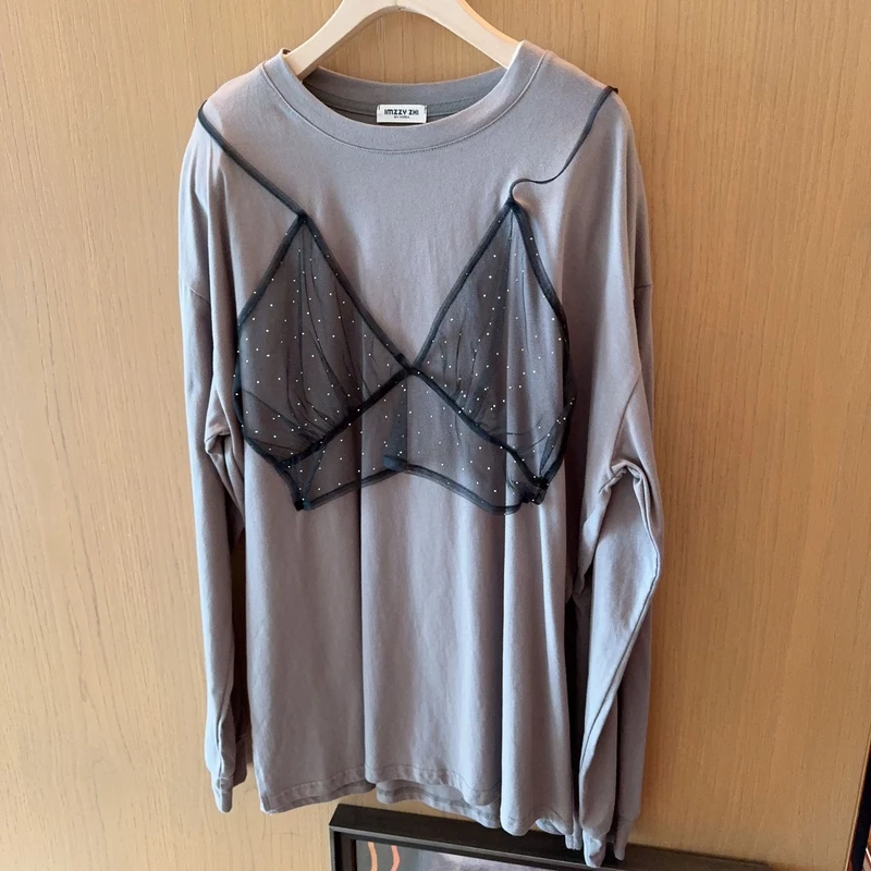 【张静芝】网纱烫钻假两件长袖T恤