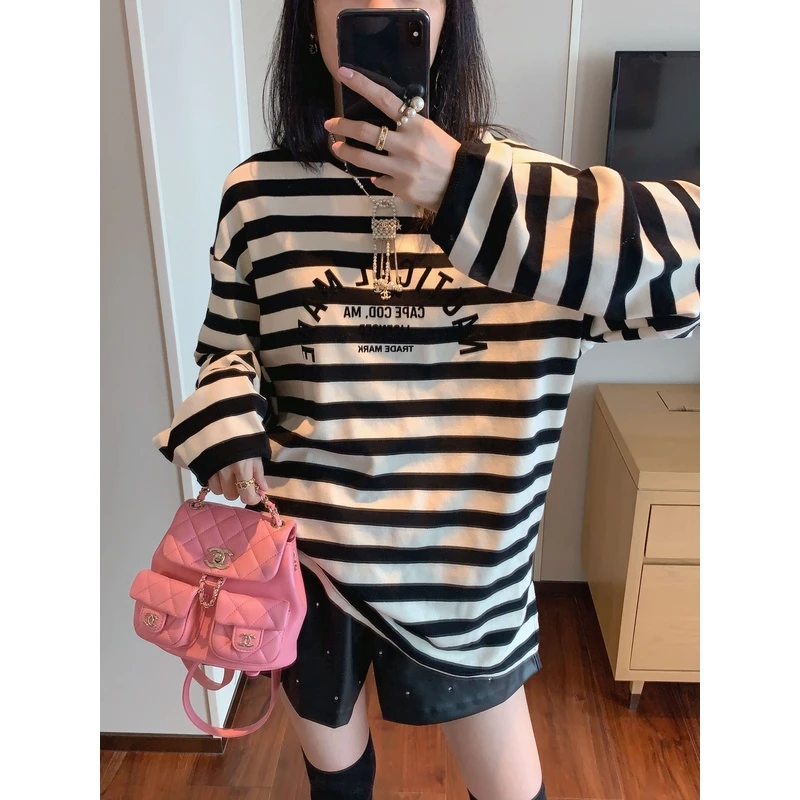 【张静芝】经典字母印花黑白条纹百搭长袖女生T恤