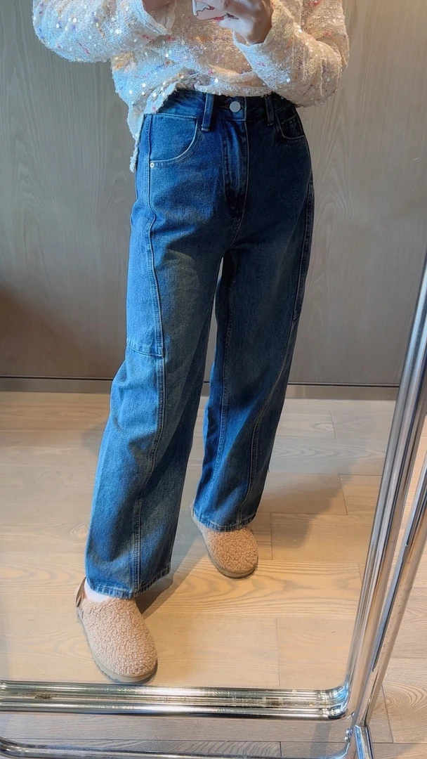 【张静芝】做旧水洗线条设计感宽松牛仔裤