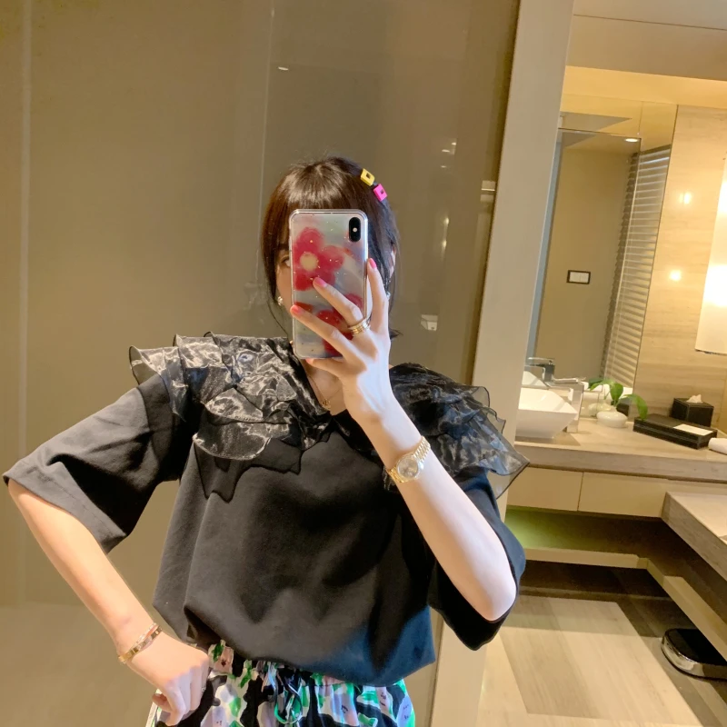 ◆张静芝韩国东大门 2020夏款 精致黑欧根纱层层娃娃领宽松T恤