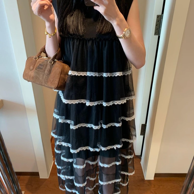 【张静芝】撞色网纱边无袖连衣裙