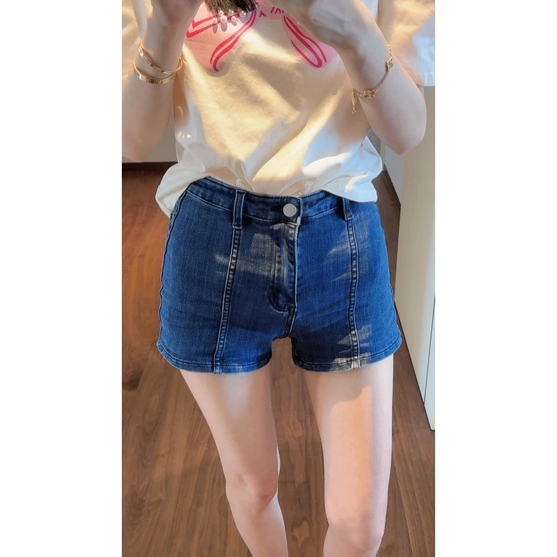 【张静芝】高腰压线深蓝牛仔短裤