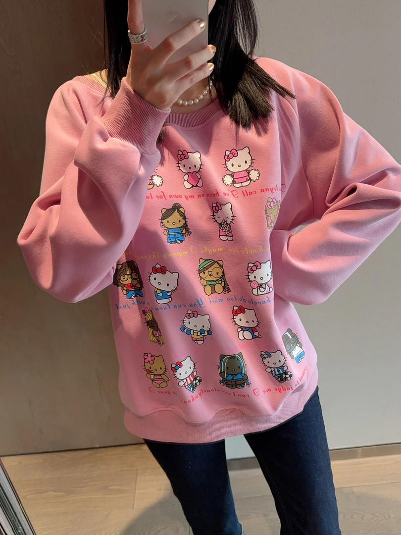 【张静芝】可爱卡通小猫咪印花宽松斜肩卫衣