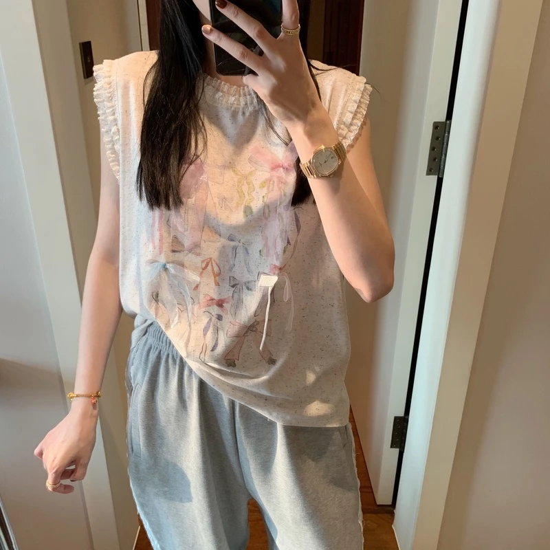 【张静芝】网纱蝴蝶结无袖T恤