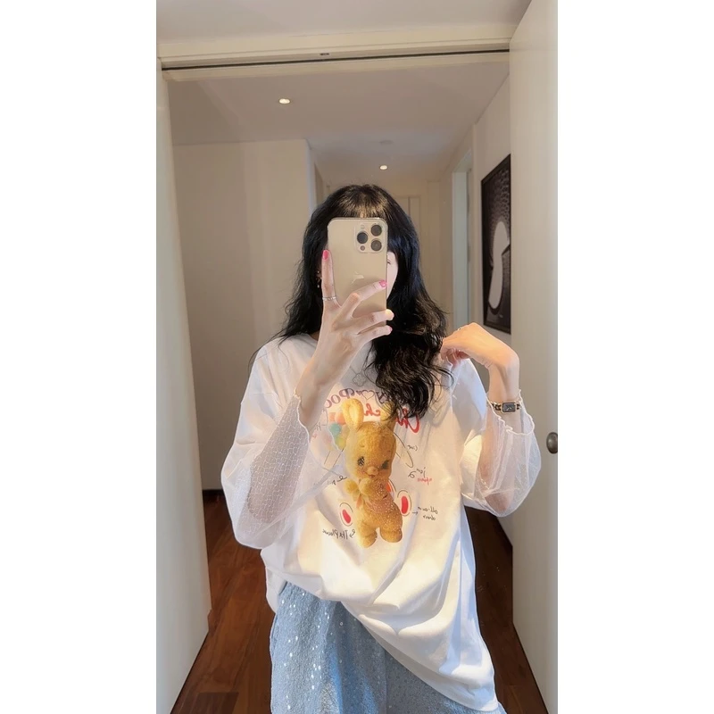 【张静芝】可爱卡通玩偶彩字母印花拼接网纱假两件女生T恤