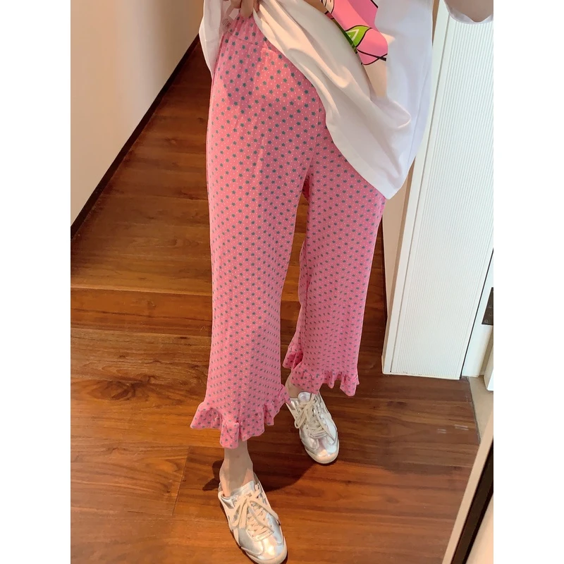 【张静芝】清新碎花撞色荷叶花边夏季粉色松紧腰休闲裤