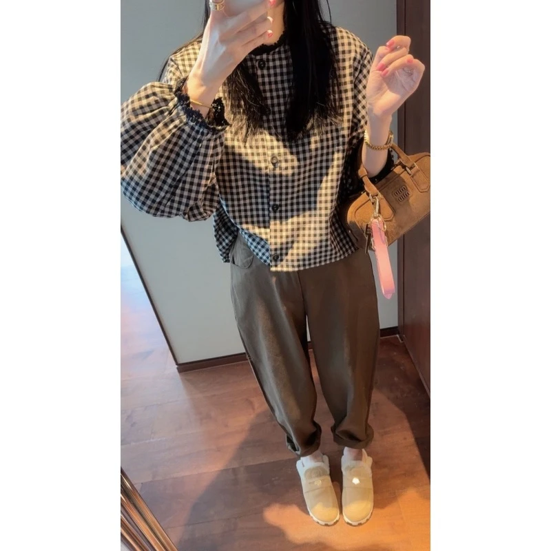 【张静芝】蕾丝边拼接小格子衬衫