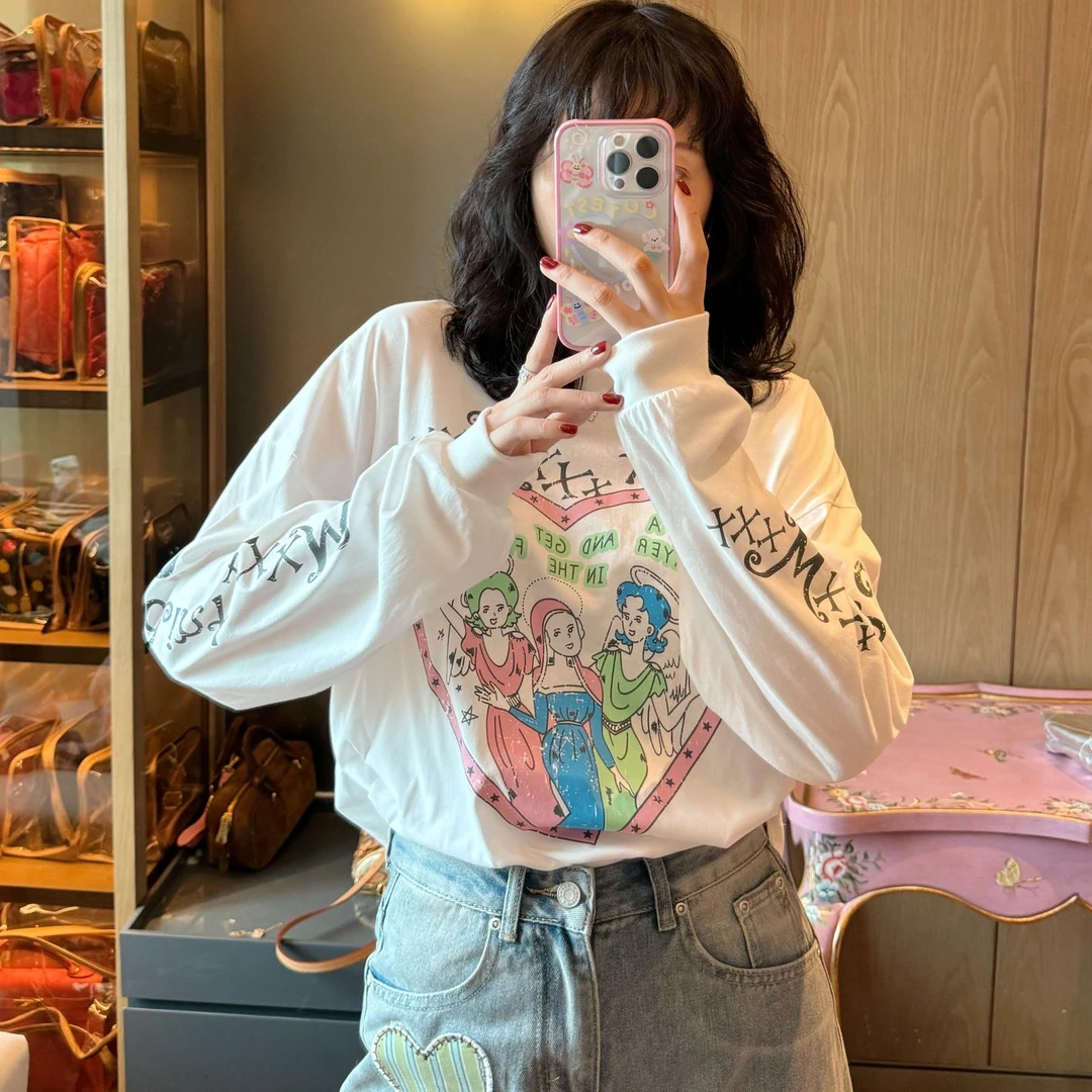 【张静芝】粉爱心公主印花长袖T恤