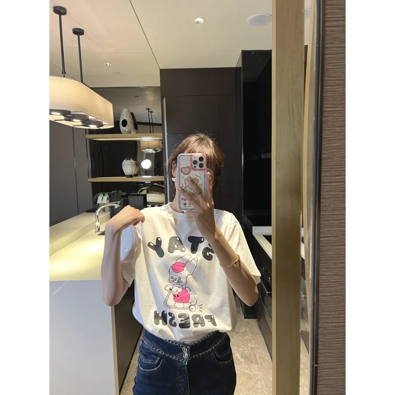 ◆张静芝韩国 秋冬女装可爱滑板车小卡通字母短袖秋冬T恤