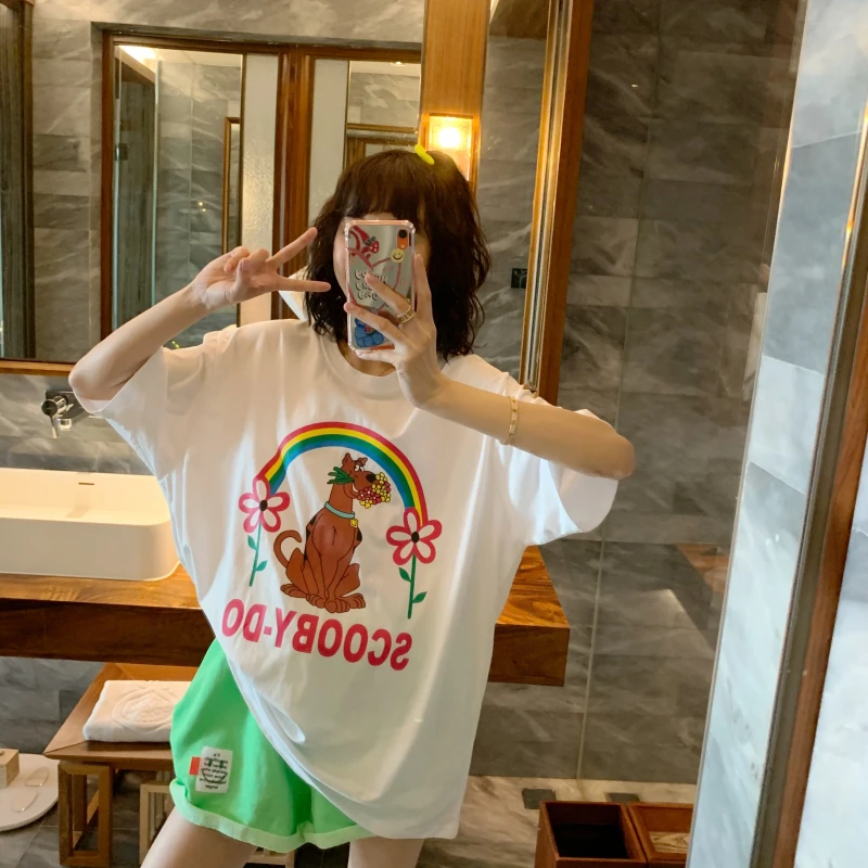 ◆张静芝   彩虹花朵狗狗印花宽松休闲短袖白T恤