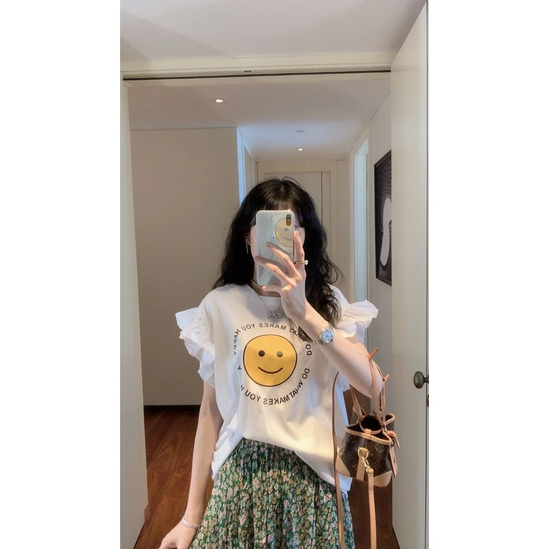 【张静芝】小表情字母印花木耳飞袖T恤