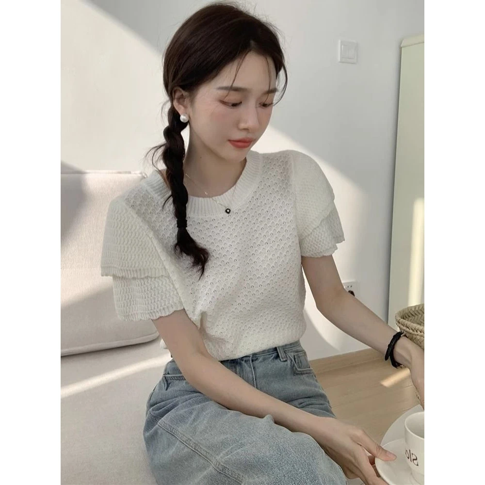 [夏季]夏韩系温柔小众设计感遮肉双层公主泡泡钩花圆领短袖针织衫