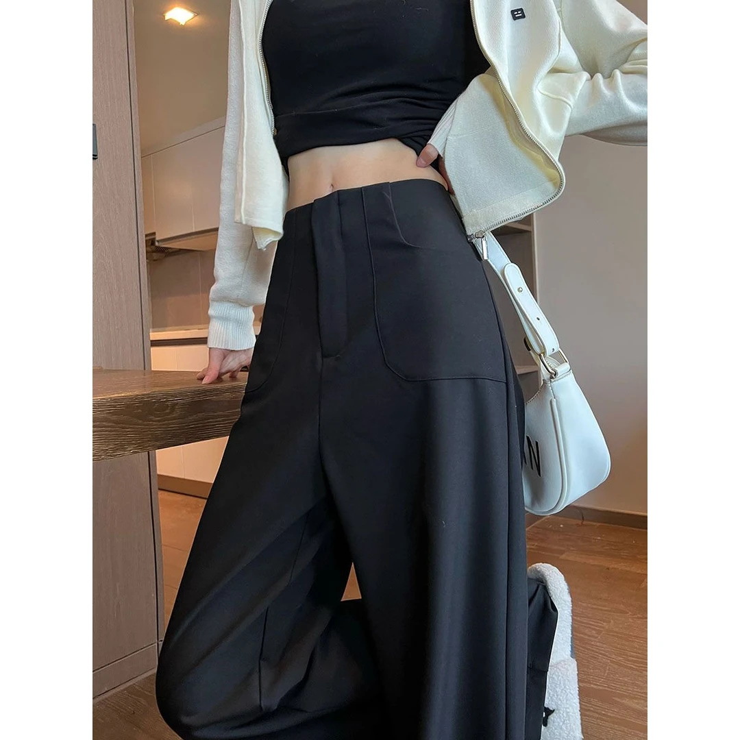 黑灰色阔腿裤女高腰垂感高级感西装裤休闲拖地窄版直筒裤春秋季