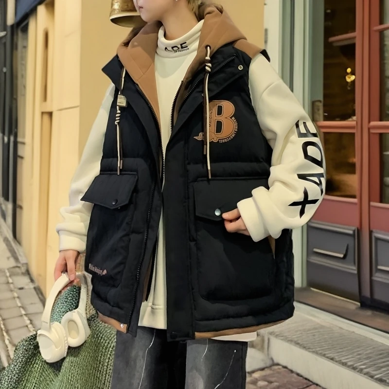 马甲男秋冬季加厚新款假两件外套百搭青少年坎肩背心棉衣潮流男装