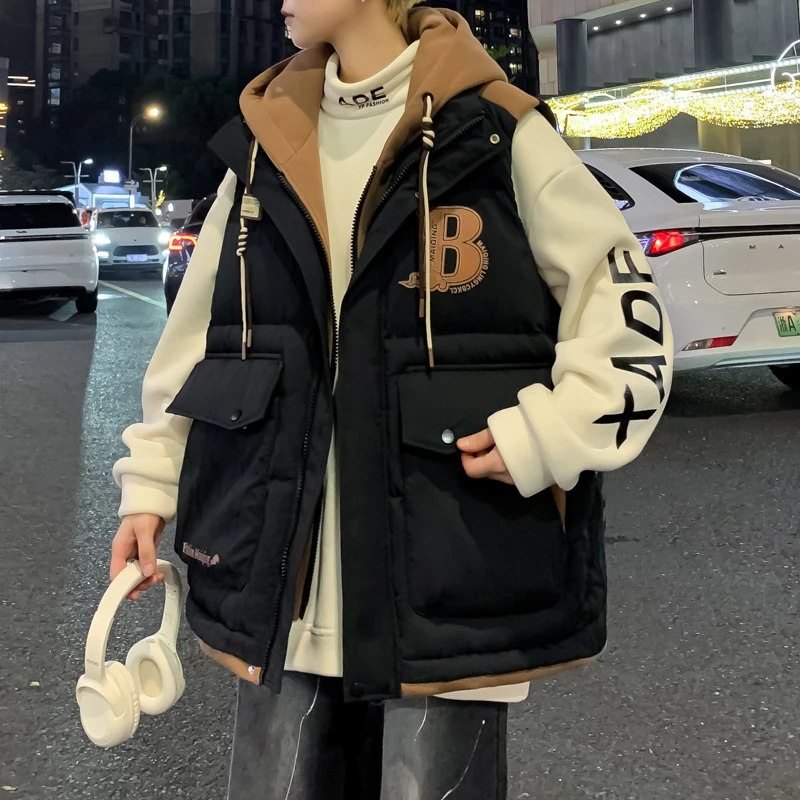 假两件马甲男冬季新款学院风初中学生工装外套青少年坎肩棉衣男装