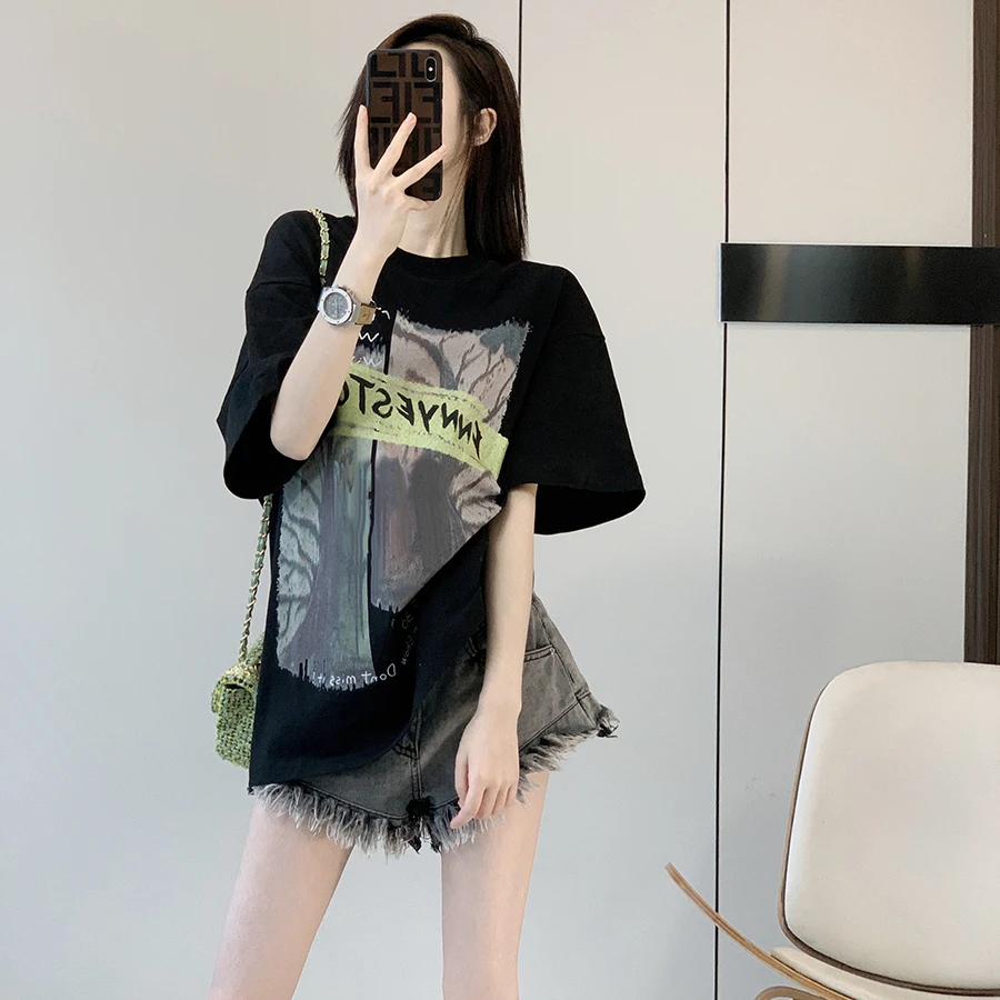 黑色短袖女t恤夏季纯棉宽松2025新款设计感小众欧货大版潮牌体恤