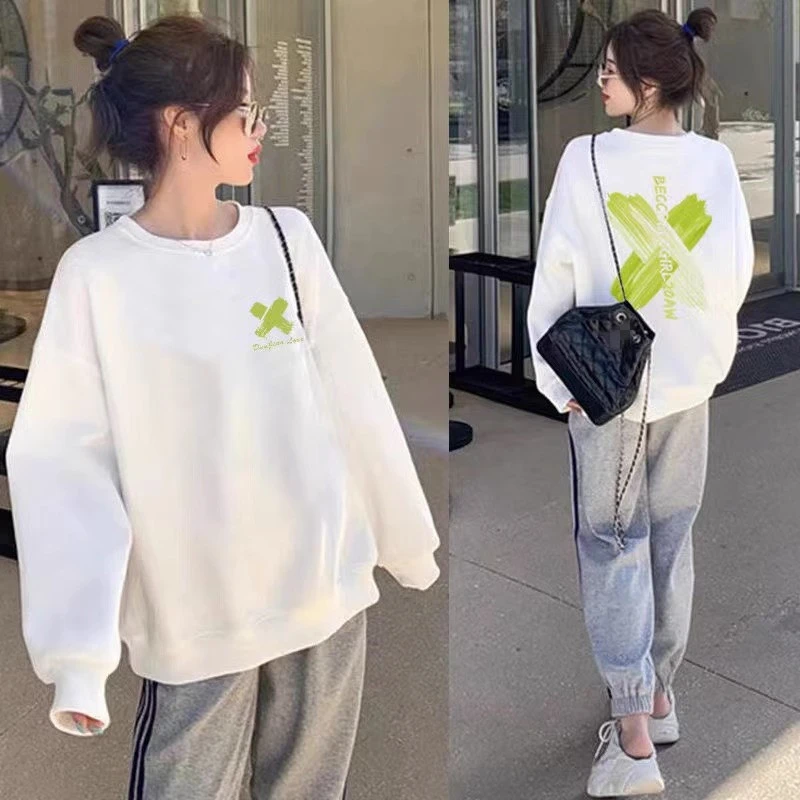 白色卫衣女加绒加厚精梳棉圆领宽松休闲美式潮牌设计感小众上衣