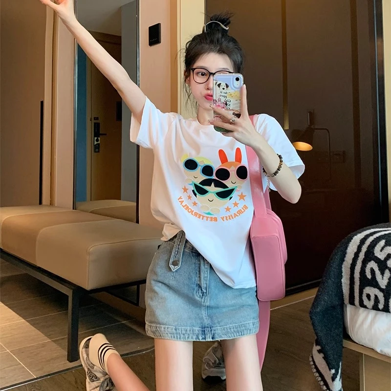 白色纯棉短袖t恤女2025新款夏季宽松百搭休闲半袖小个子正肩上衣