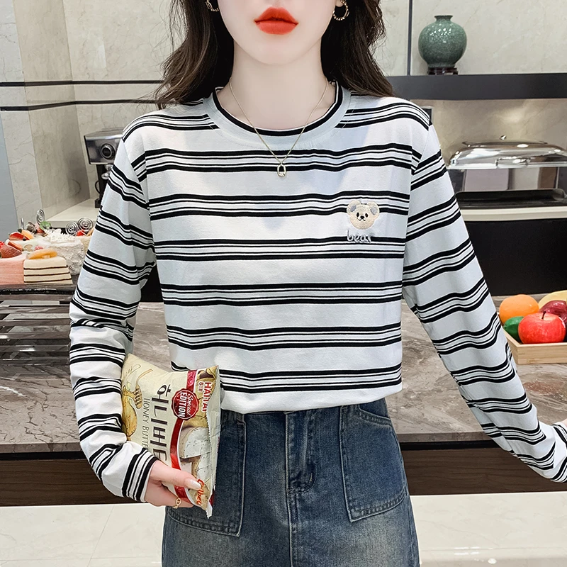 撞色条纹打底衫女2024新款秋装重工刺绣长袖t恤时髦洋气百搭上衣