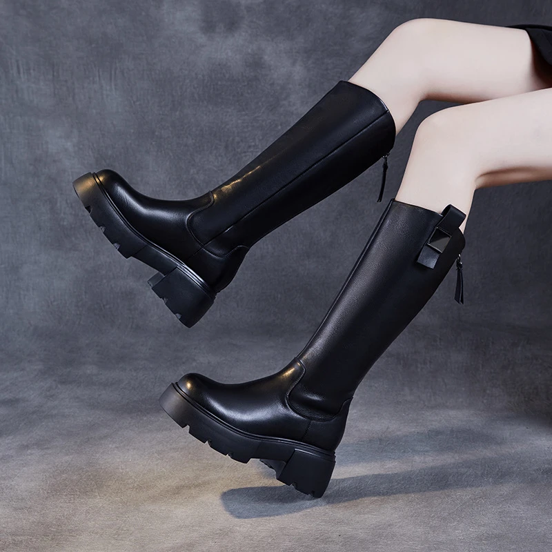 长筒靴女骑士靴2024秋冬季新款头层真牛皮增高厚底加绒显瘦高筒靴