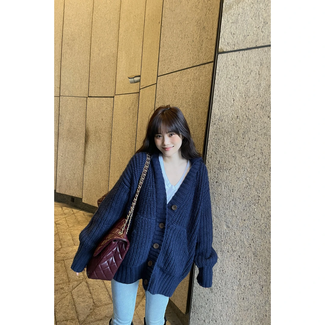 井迪儿【海阔天空】韩系大连帽慵懒风粗针宽松厚实毛衣针织开衫