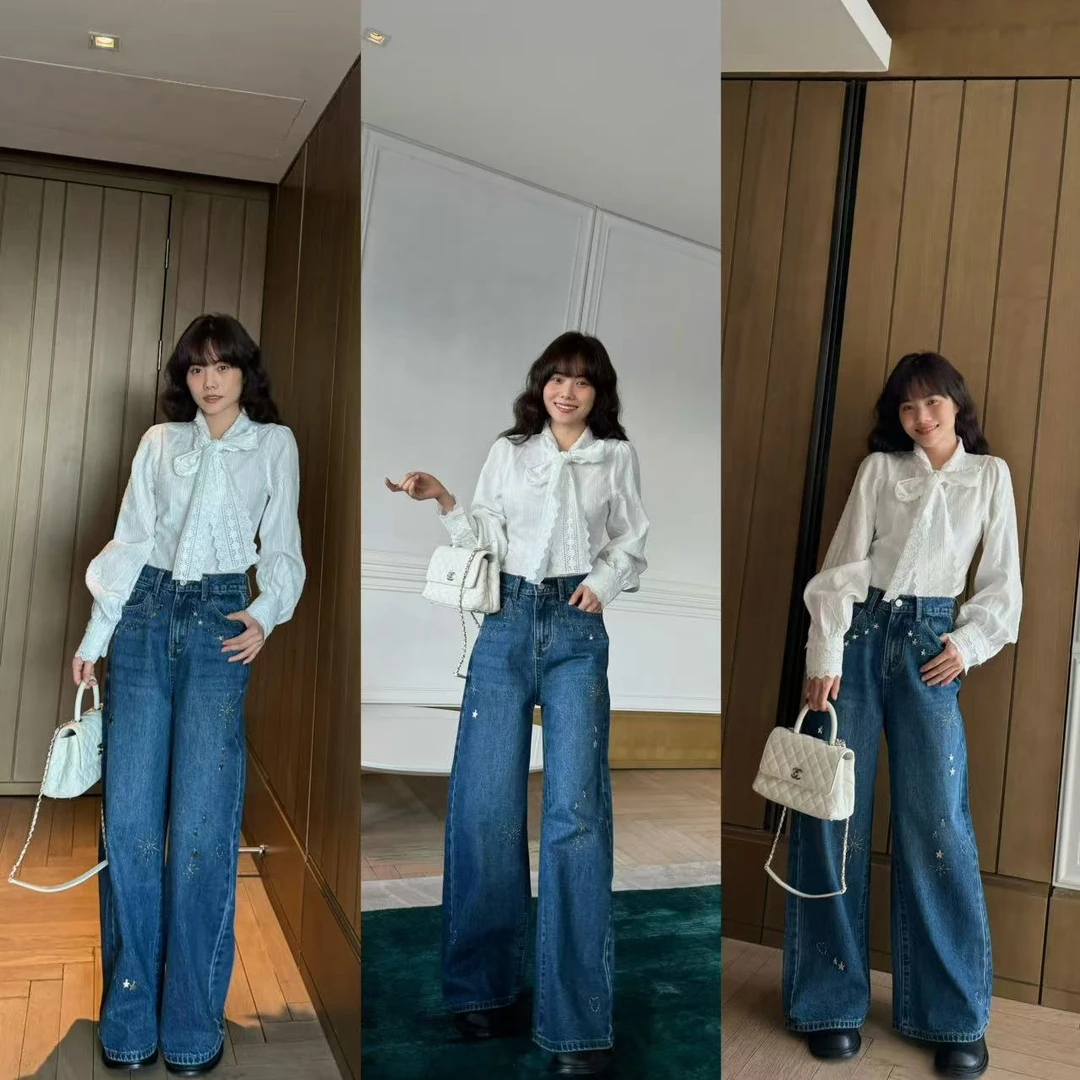 井迪儿【亮晶晶】85%棉美式水洗烫钻手工缝制星星装饰高腰牛仔裤