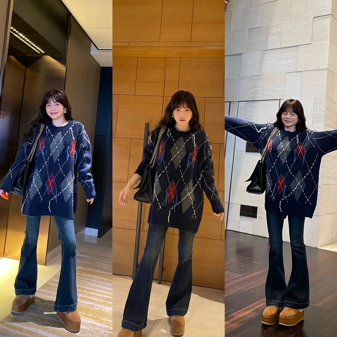 JINGDL【天鹅腿】75%棉gao质感显瘦复古微喇深色牛仔裤含腰带