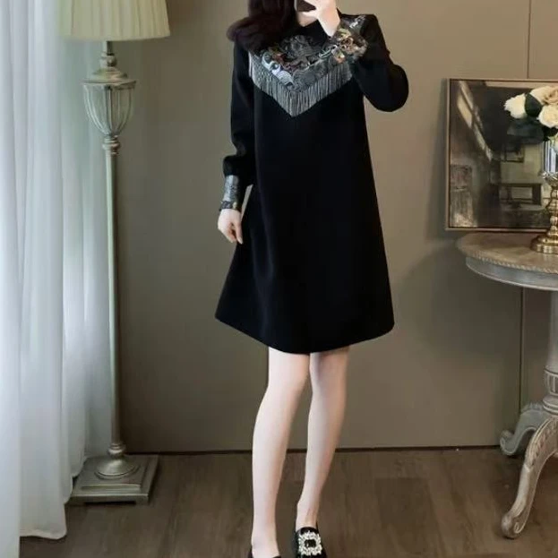 XIE3  拼接流苏百搭气质高级感连衣裙88257