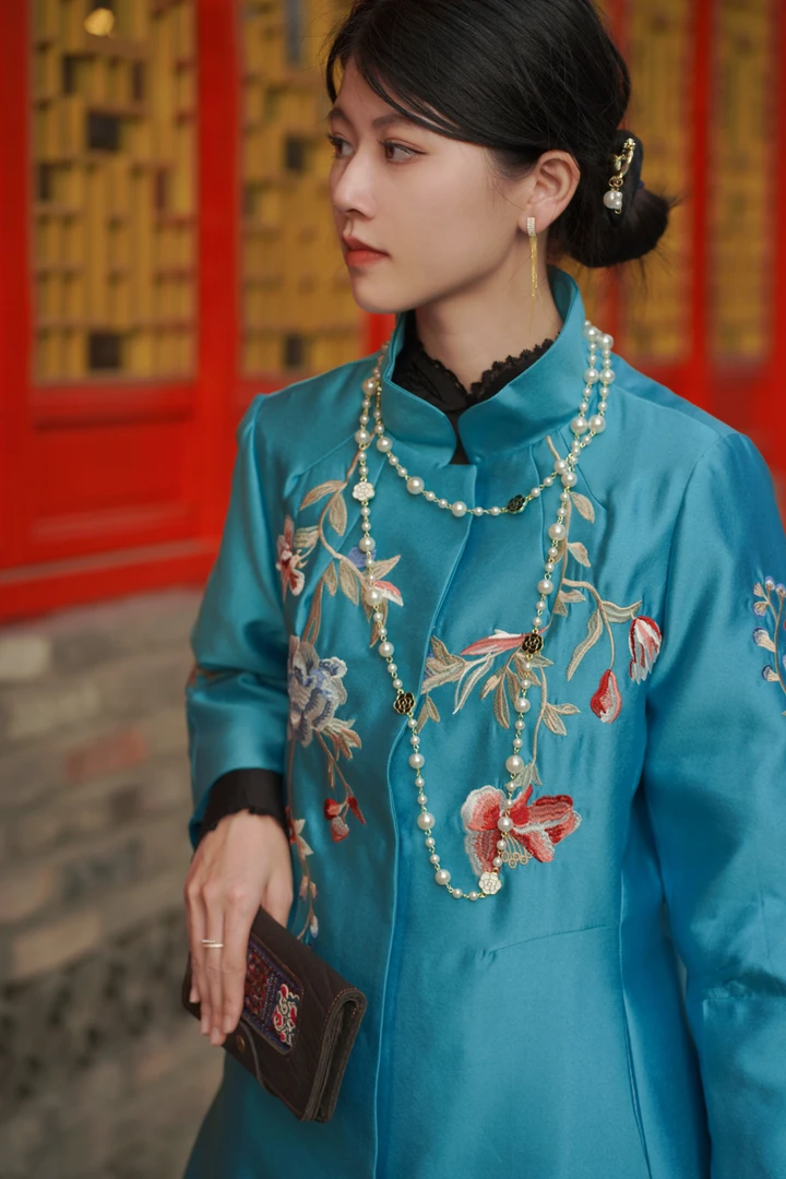 [海棠醉日]古梵姿春秋丝毛立领刺绣长款大码气质网红风衣外套2236