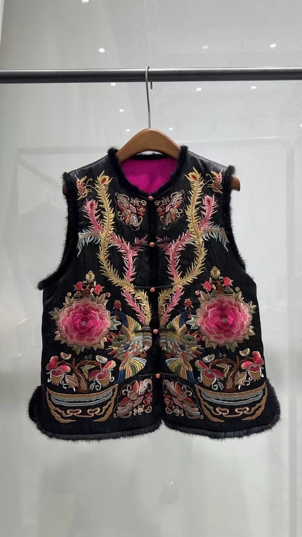 【古梵孜】醋酸龟裂纹重工刺绣拼接真水貂毛棉马夹时尚民族风中式