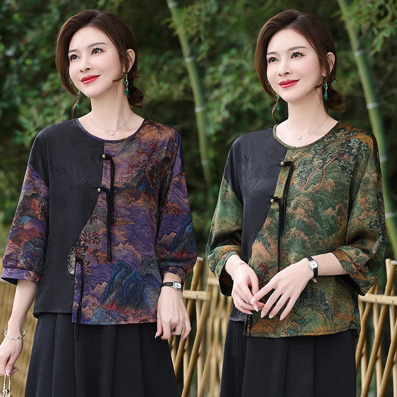 气质妈妈夏装短袖T恤2024新款民族风新中式国风中老年女小衫上衣