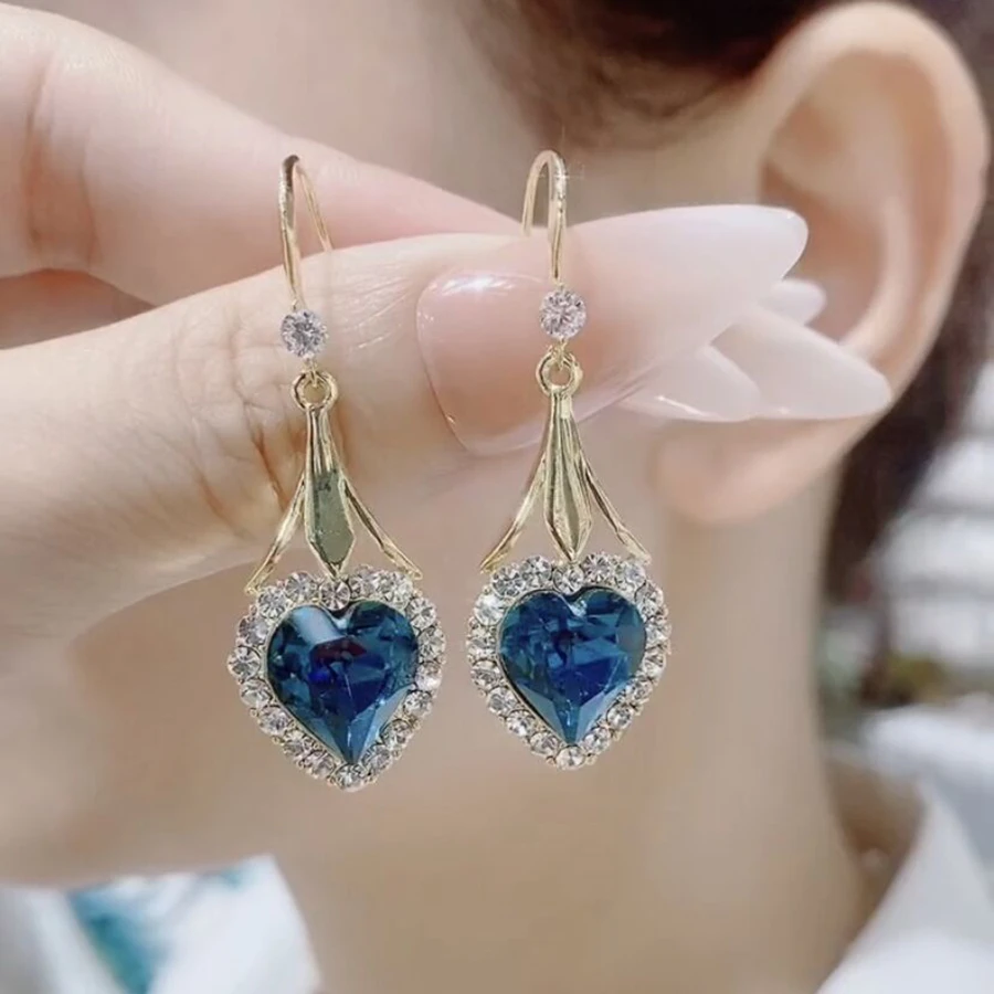 铜合金合成锆石耳饰 150【海洋之心】耳环气质蓝色时尚百搭爱心耳钩