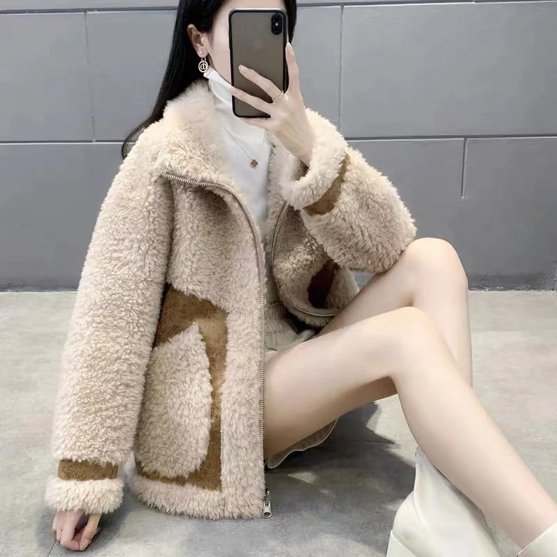 双面双穿2023冬季新款海宁颗粒羊剪绒宽松加厚羊羔毛外套女679009
