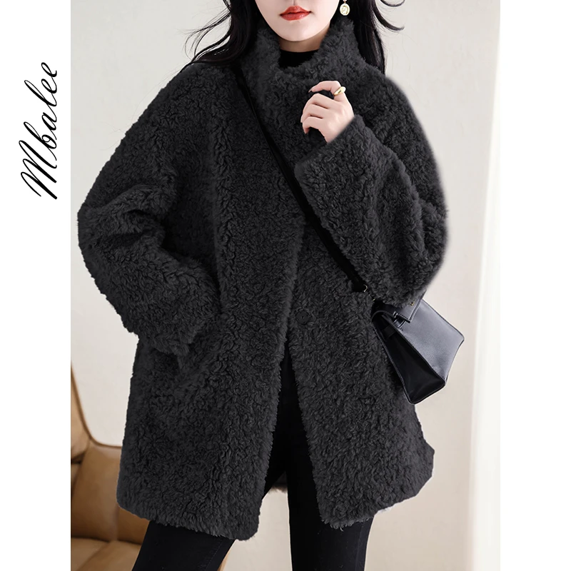 2025冬新款韩系慵懒风海宁羊羔毛外套女中长款立领宽松羊剪绒大衣