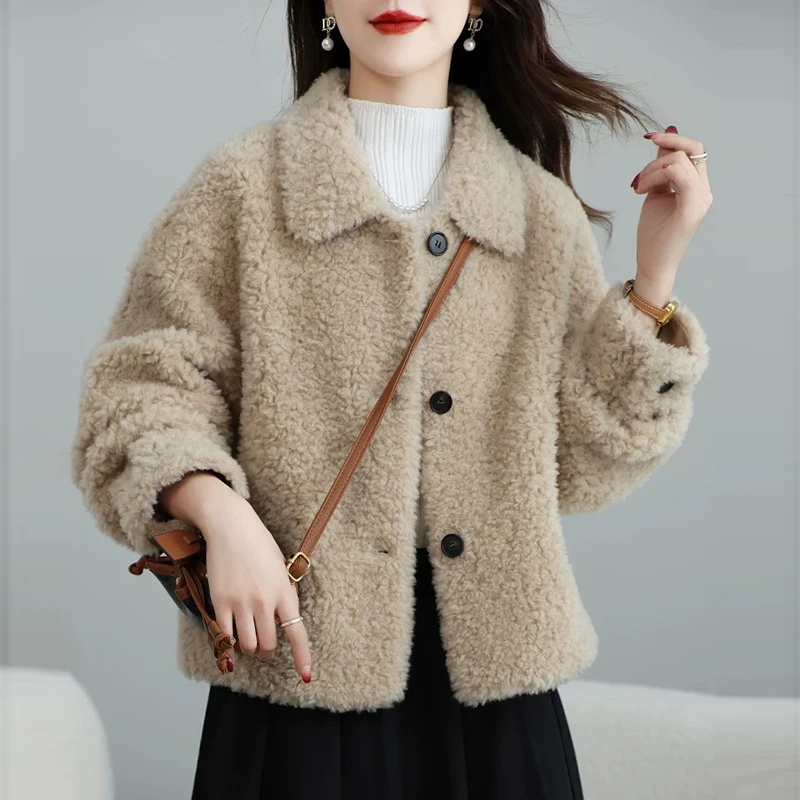 韩系全羊毛羊羔毛外套女短款翻领2025冬季新款小个子宽松羊剪绒