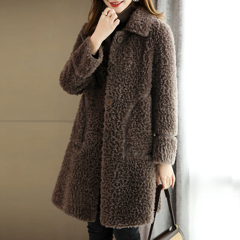 2023新款冬季海宁颗粒羊剪绒羊羔毛外套女长款加厚翻领妈妈装大衣