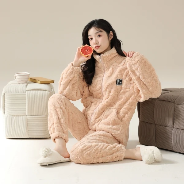 冬季睡衣女2023秋冬季加厚加绒简约珊瑚绒家居服套装可外穿法兰绒