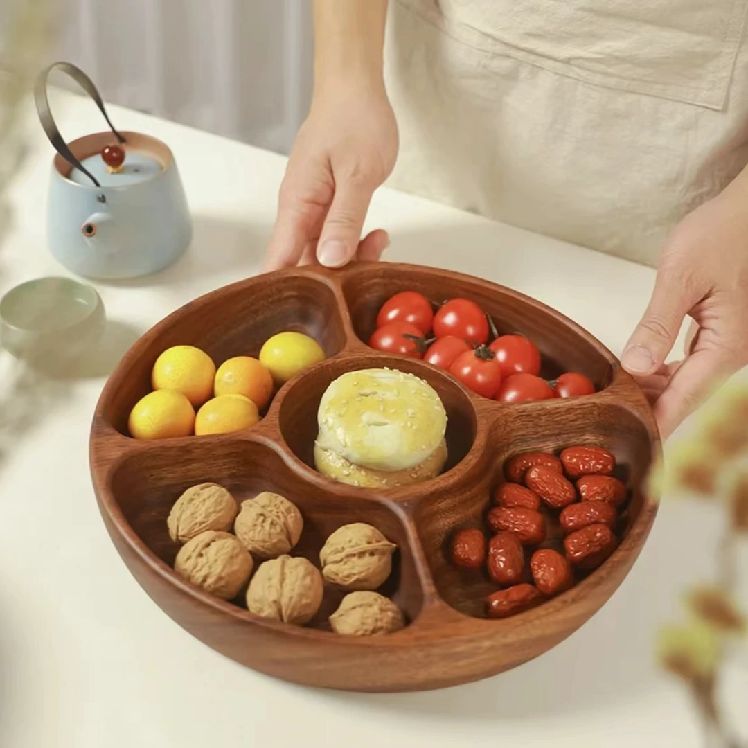 南美胡桃木五宫格圆形零食干果盒水果盘创意分格茶点盘分格盘家用