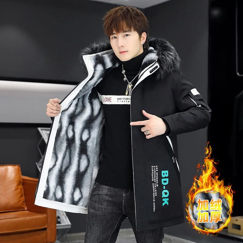 男士风衣中长款连帽棉服男加绒加厚外套潮青少年保暖学生派克服