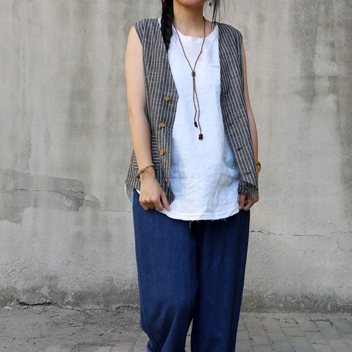 终岁新事无二三～暖丑自制复古文艺棉麻色织条纹中性百搭马夹～休闲