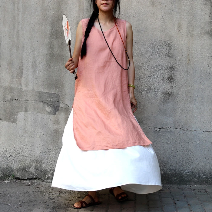 我和我的日子都会发光暖丑自制十样锦色/姜黄色砂洗苎麻背心裙～