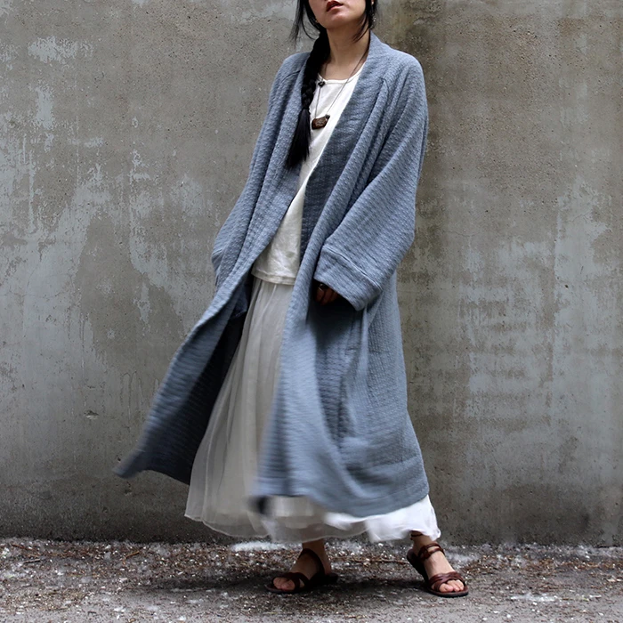闲聊出品灰蓝色纯棉针织提花对襟长袖大袍外套开衫之第152个故事~