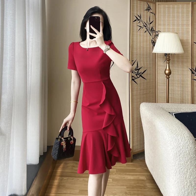 红色轻奢小众高级感御姐女装连衣裙夏季时尚修身气质拼接短袖裙子