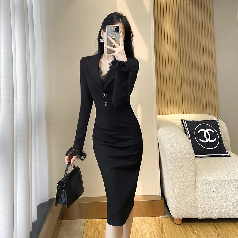 秋季修身长袖包臀赫本风连衣裙气质上班族女装洋气时髦气质西装裙