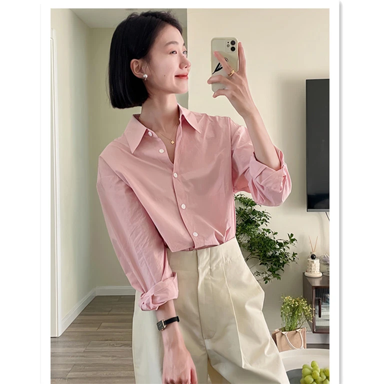 早秋独特漂亮小衫粉色衬衫女设计感小众纯棉衬衣冷淡系高级感上衣