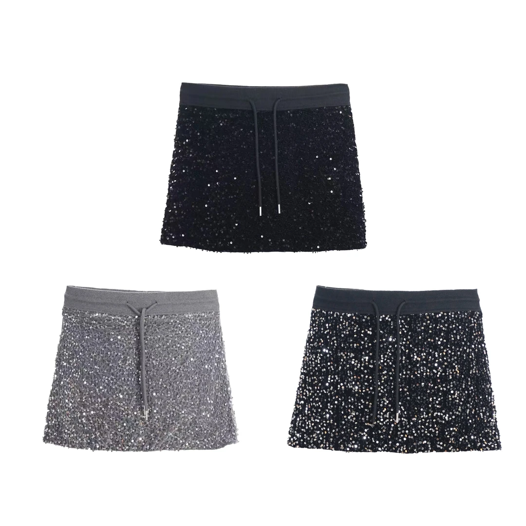 闪片抽绳裤裙A字高腰时尚秋冬显瘦百搭休闲珠片简约防走光短裤女