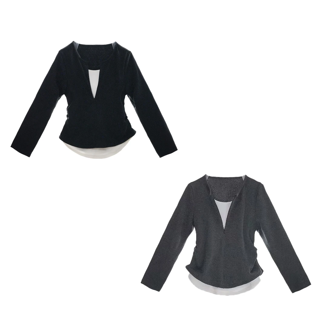 假两件显瘦蛋白绒气质百搭时尚黑色修身假两件秋冬长袖设计感T恤